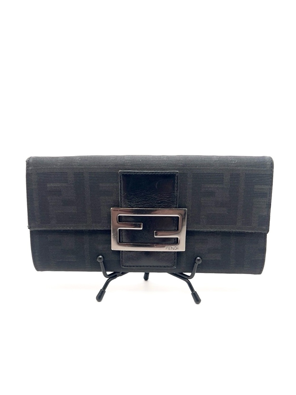 Authentic FENDI Zucca Logo Black Canvas x Leather Vintage Long Wallet EUC